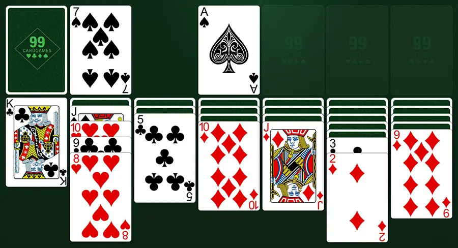 Screenshot of Klondike Solitaire gameplay on 99CardGames demonstrating winning strategy in progress.