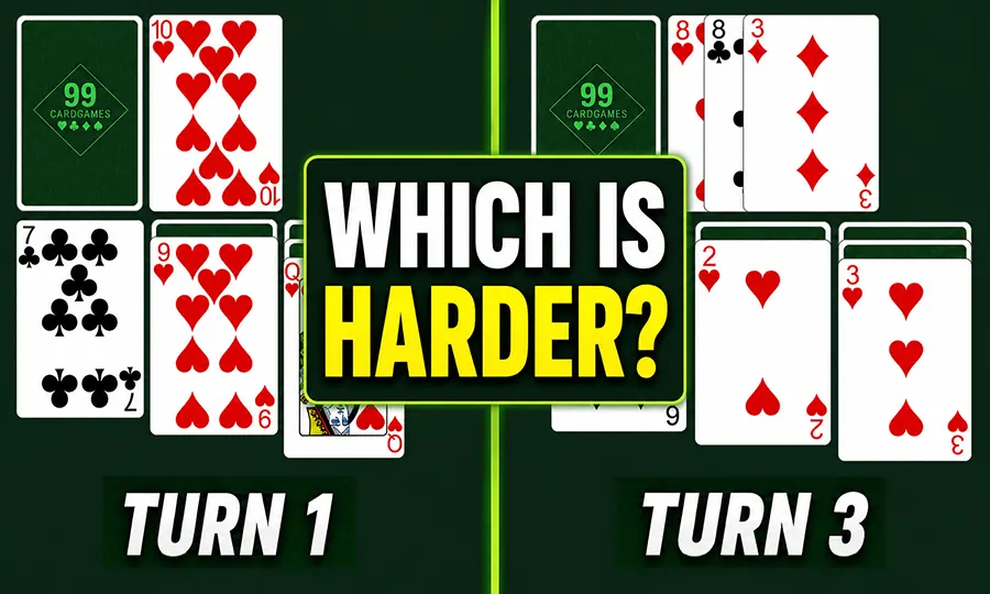 Image comparing Turn 1 and Turn 3 Klondike Solitaire gameplay on 99CardGames asking Which Is Harder?